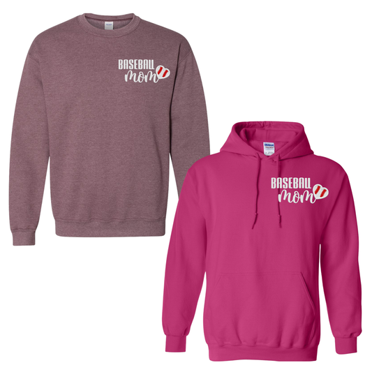 Baseball Mom Sweatshirt – Embroidered “BASEBALL Mom” Left-Chest Design (Glitter Option, Baseball + Number on Sleeve – Optional)
