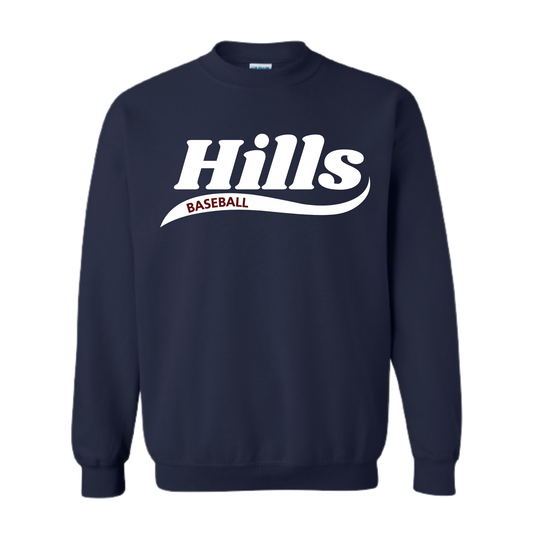 Wayne Hills Crewneck Sweatshirt – “HILLS” Swoosh Front Design (Baseball Option, Name on Back – Optional)