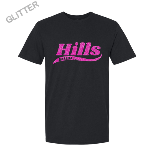 Wayne Hills T-Shirt – “HILLS” Glitter Swoosh Front Design (Baseball Option, Name on Back – Optional)