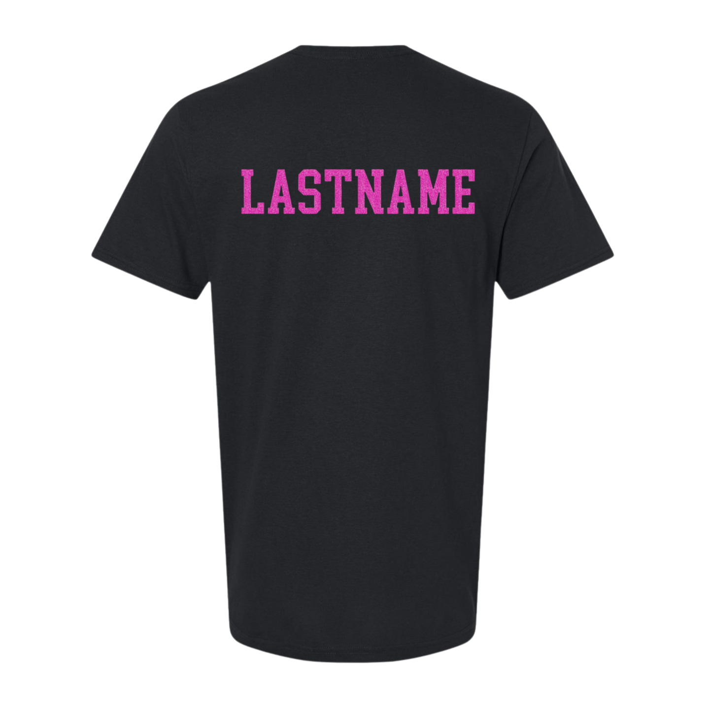 Baseball Mom T-shirt – “Glitter Baseball Mom” Front Design (Pink/Silver/Black) (Name on Back – Optional)