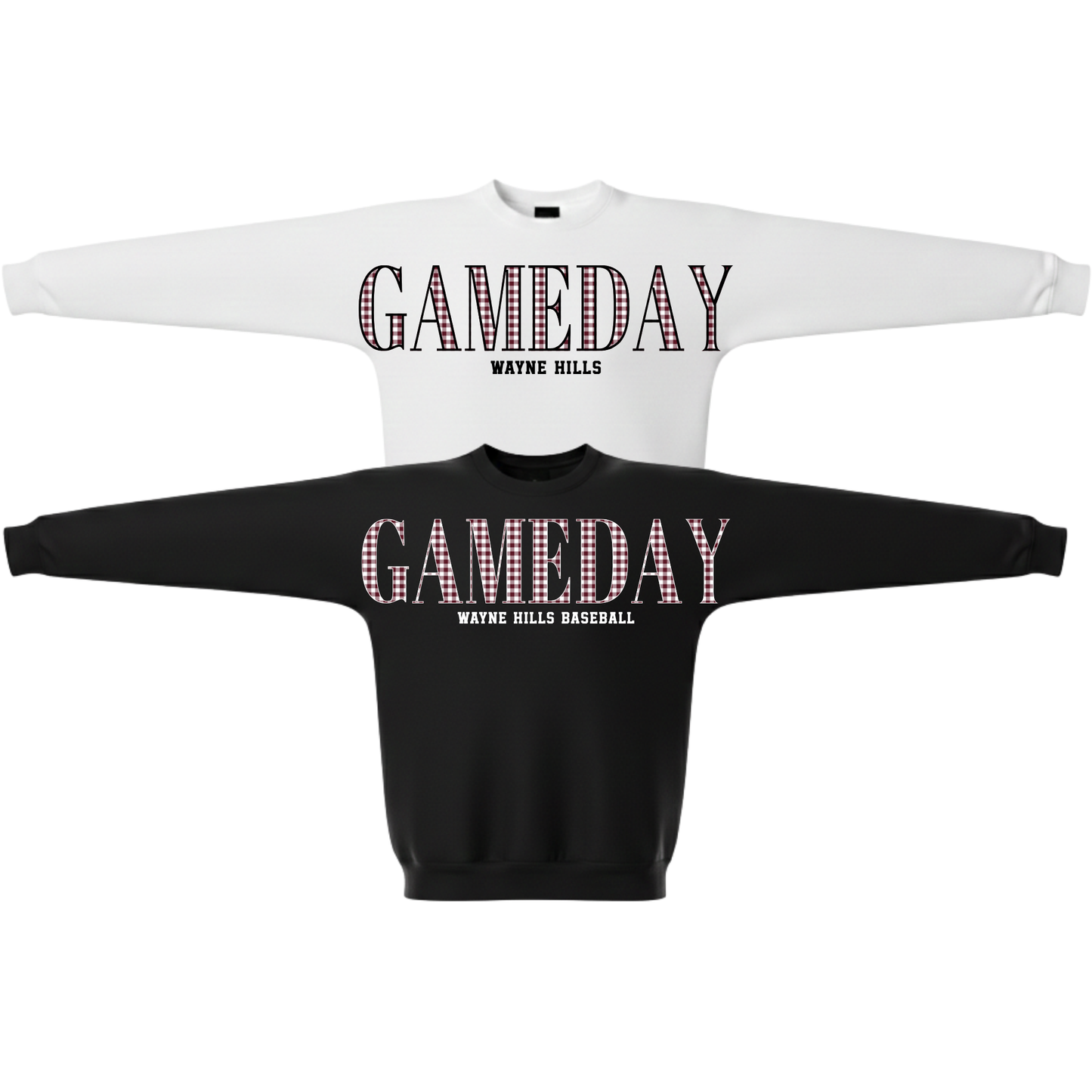 Wayne Hills GAMEDAY Crewneck Sweatshirt–"Gingham" pattern (Baseball Option)
