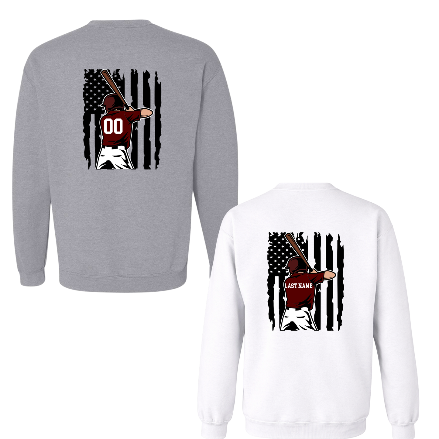 Wayne Hills Crewneck Sweatshirt – Flag+Baseball Player (Name or Number + Sleeve Option)