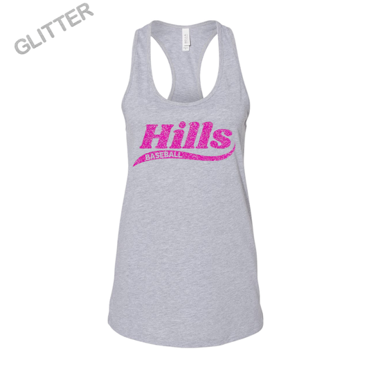 Wayne Hills Racerback Tank – “HILLS” Glitter Swoosh Front Design (Baseball Option, Name on Back – Optional)