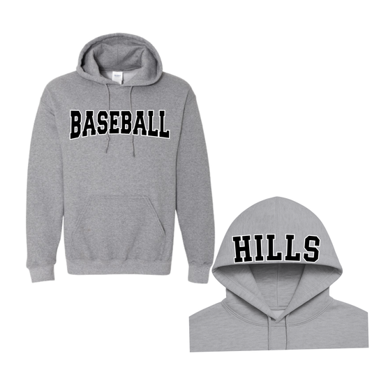 Wayne Hills Baseball Hoodie – “BASEBALL” Front, “HILLS” Hood Print-(Name on Sleeve – Optional)
