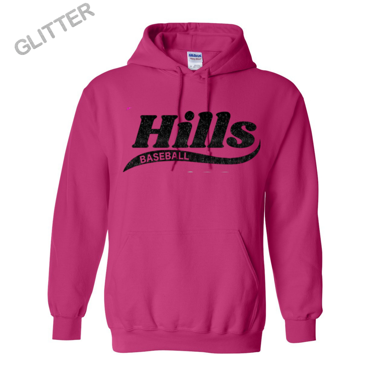 Wayne Hills Hoodie– “HILLS” Glitter Swoosh Front Design (Baseball Option, Name on Back – Optional)