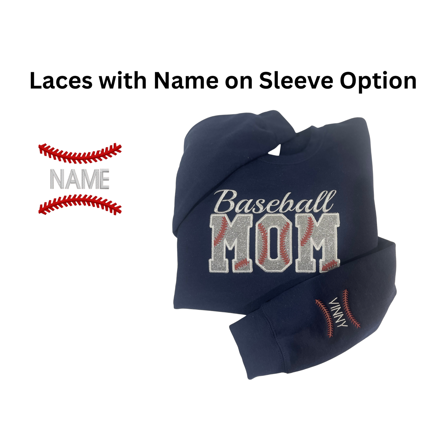 Baseball Mom Sweatshirt – “Baseball MOM” Front Design (Glitter Option, Name on Sleeve – Optional)