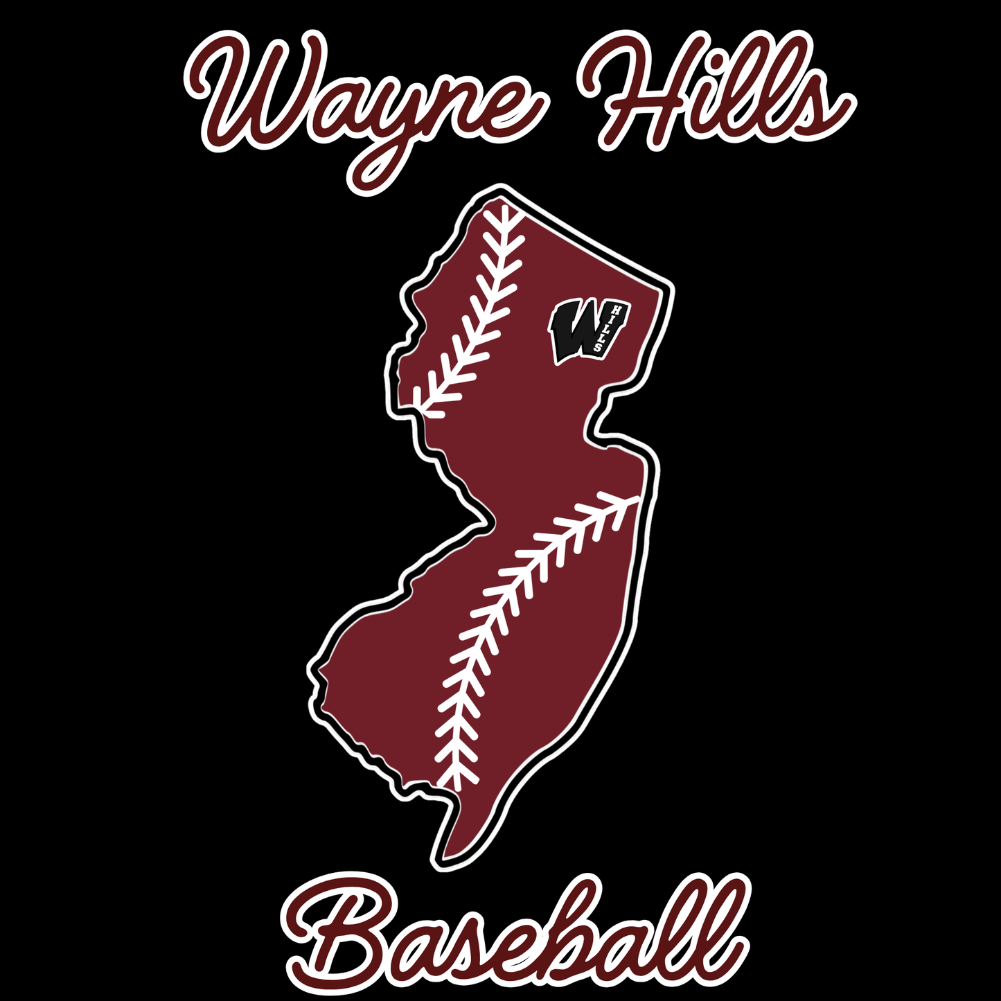 Wayne Hills Baseball T-Shirt – NJ Outline Lace Design (Softstyle or Performance Options)