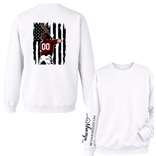 Wayne Hills Crewneck Sweatshirt – Flag+Baseball Player (Name or Number + Sleeve Option)