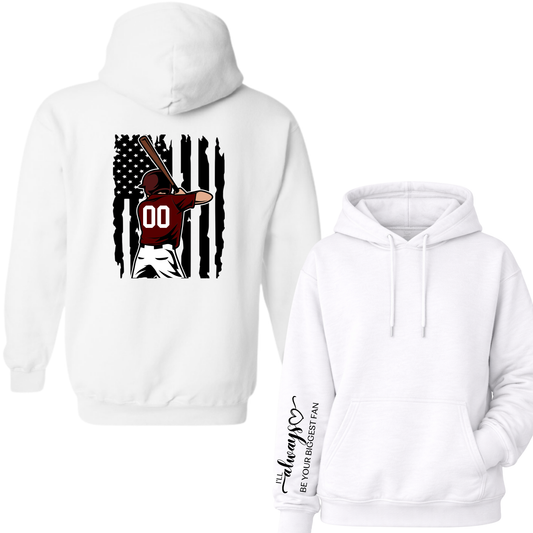 Wayne Hills Hooded Sweatshirt – Flag+Baseball Player (Name or Number + Sleeve Option)