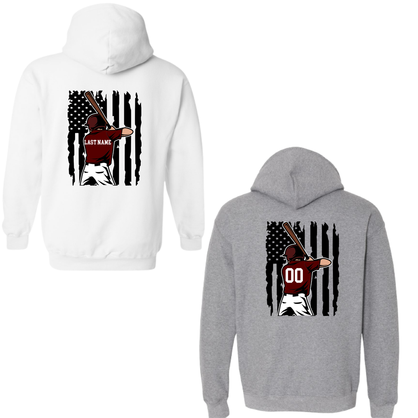 Wayne Hills Hooded Sweatshirt – Flag+Baseball Player (Name or Number + Sleeve Option)