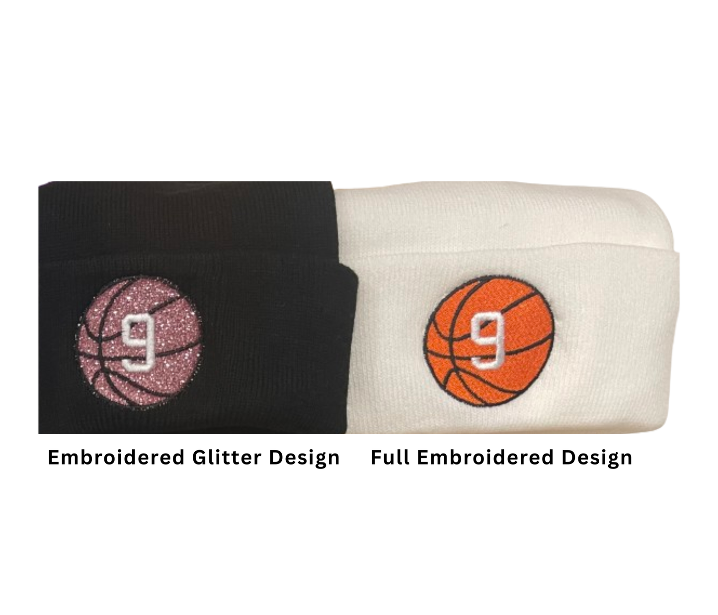 Wolfpack Cuffed Beanie – Embroidered Basketball with Player # - (Glitter Option)-Adult