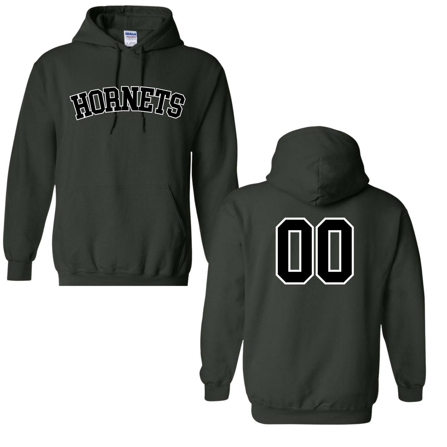 Hornets Hooded Sweatshirt – “HORNETS” Front Design (Back Number – Optional)
