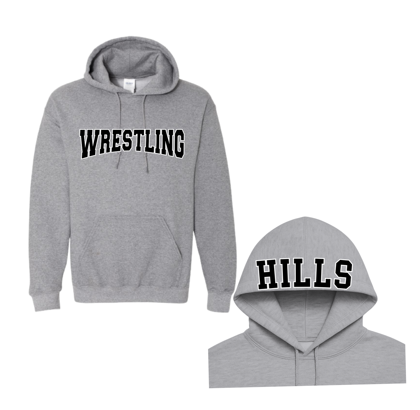Wayne Hills Wrestling Hoodie – “WRESTLING” Front, “HILLS” Hood Print-(Name on Sleeve – Optional)