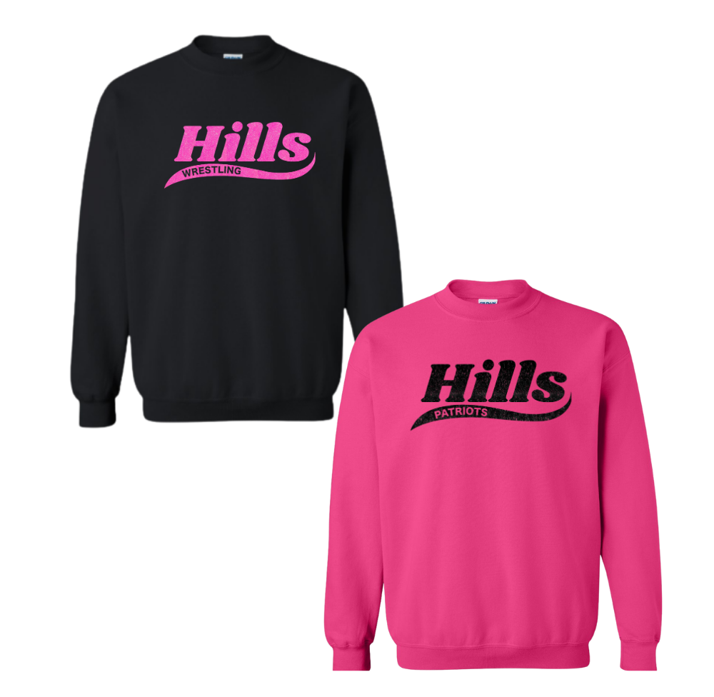 Wayne Hills/Wrestling Crewneck Sweatshirt – “HILLS” Glitter Swoosh Front Design-(Name on Back – Optional)