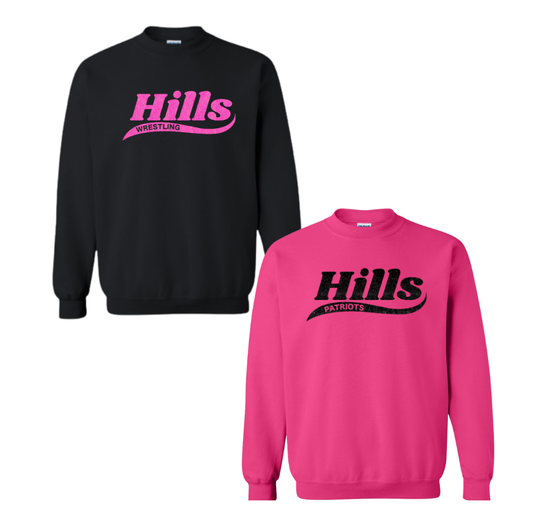 Wayne Hills/Wrestling Crewneck Sweatshirt – “HILLS” Glitter Swoosh Front Design-(Name on Back – Optional)