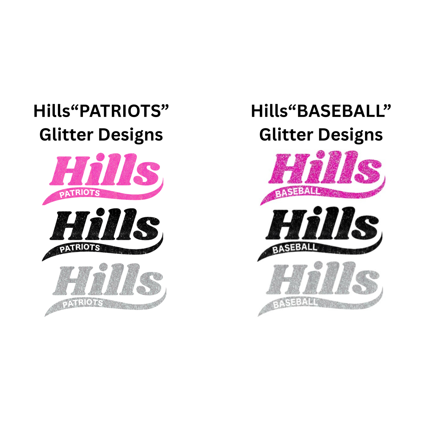Wayne Hills T-Shirt – “HILLS” Glitter Swoosh Front Design (Baseball Option, Name on Back – Optional)