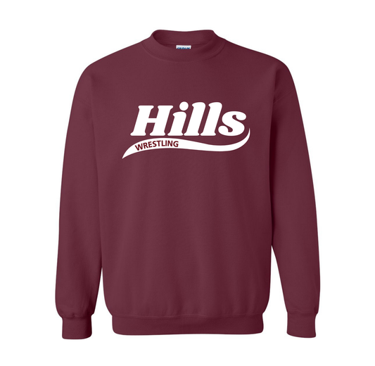 Wayne Hills Wrestling Crewneck Sweatshirt – “HILLS” Swoosh Front Design-(Name on Back – Optional)