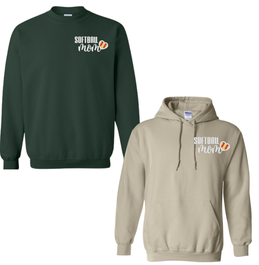 Softball Mom Sweatshirt – Embroidered “SOFTBALL Mom” Left-Chest Design (Glitter Option, Softball + Number on Sleeve – Optional)