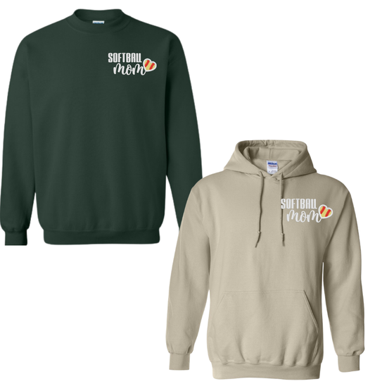 Softball Mom Sweatshirt – Embroidered “SOFTBALL Mom” Left-Chest Design (Glitter Option, Softball + Number on Sleeve – Optional)
