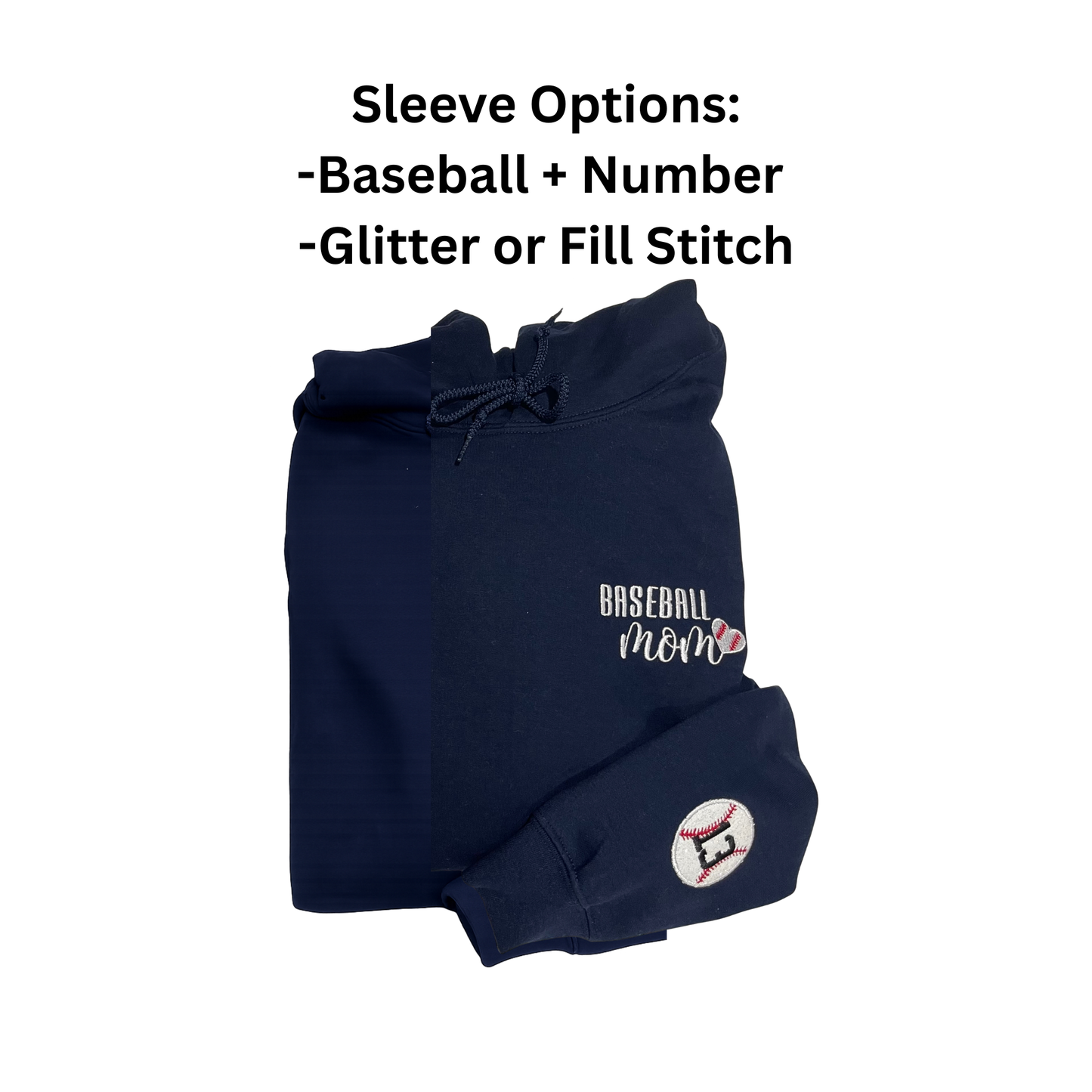 Baseball Mom Sweatshirt – Embroidered “BASEBALL Mom” Left-Chest Design (Glitter Option, Baseball + Number on Sleeve – Optional)