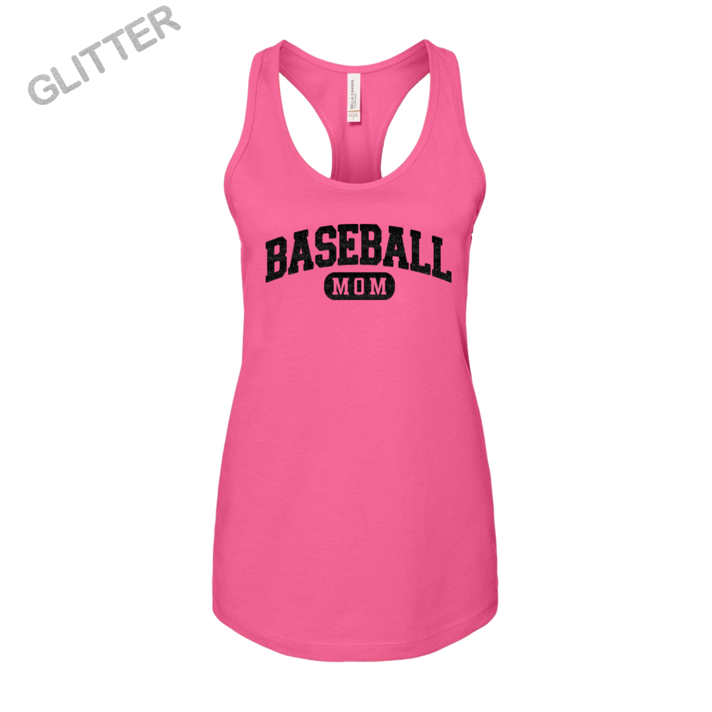 Baseball Mom Tank – “Glitter Baseball Mom” Front Design (Pink/Silver/Black) (Name on Back – Optional)