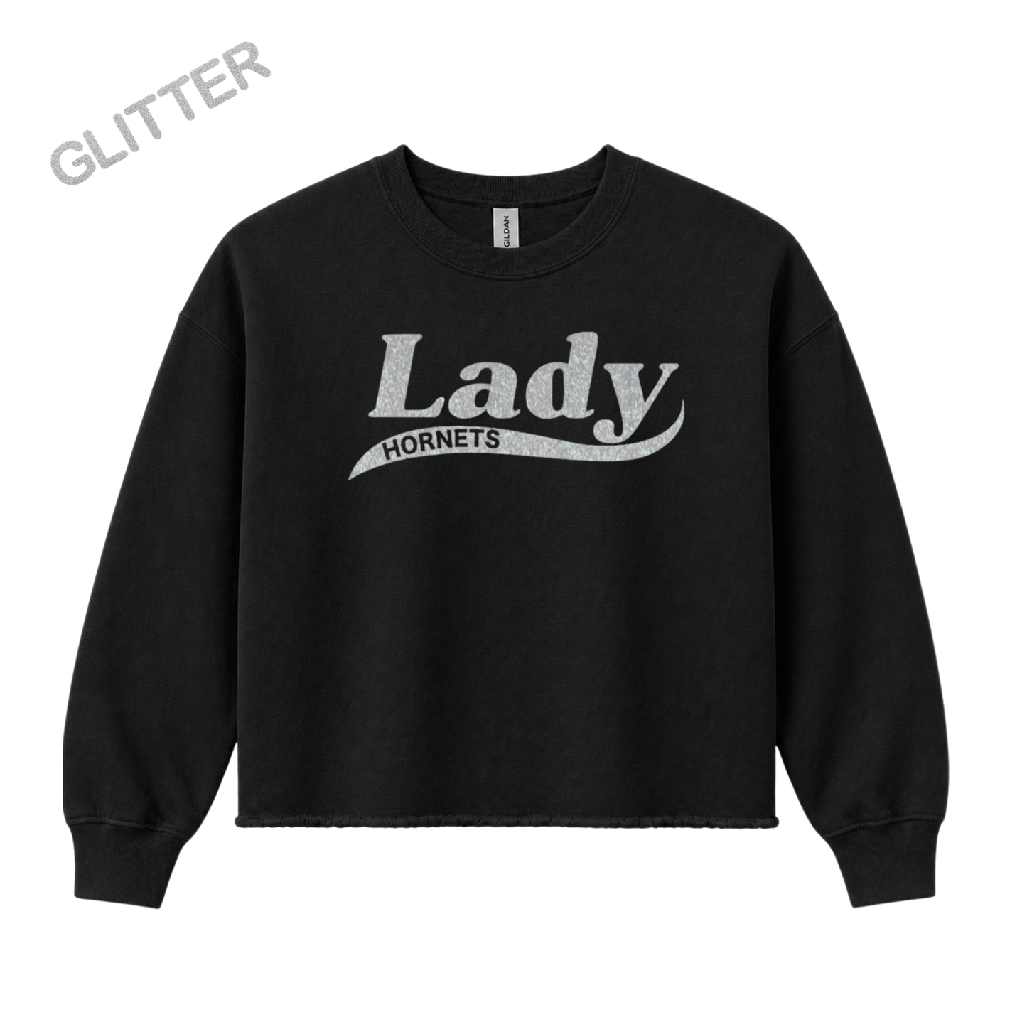 Hornets Cropped Crewneck Sweatshirt – “LADY” Glitter Swoosh Front Design (Name on Back – Optional)