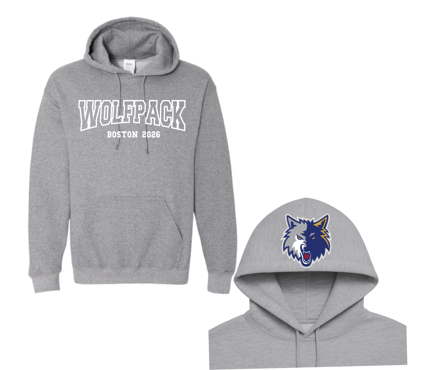 Wolfpack Hoodie – “WOLFPACK” Front,  Logo Hood Print - Youth (Number on Sleeve – Optional)