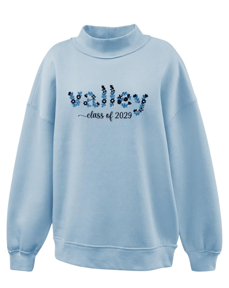 Wayne Valley Pennant Mockneck Sweatshirt – Embroidered Floral “valley Class of 2029” Design – Girls