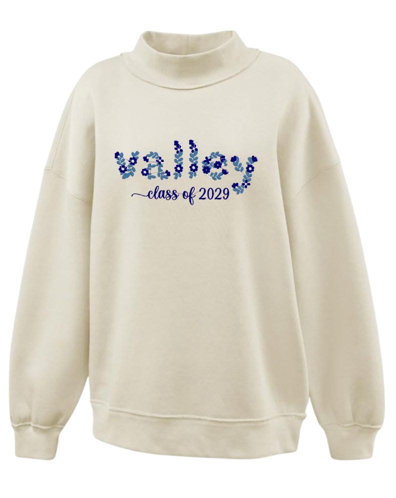 Wayne Valley Pennant Mockneck Sweatshirt – Embroidered Floral “valley Class of 2029” Design – Girls