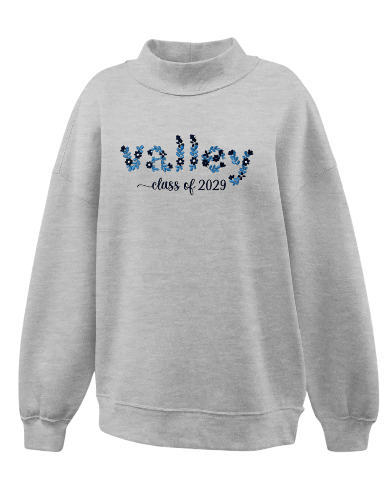 Wayne Valley Pennant Mockneck Sweatshirt – Embroidered Floral “valley Class of 2029” Design – Girls