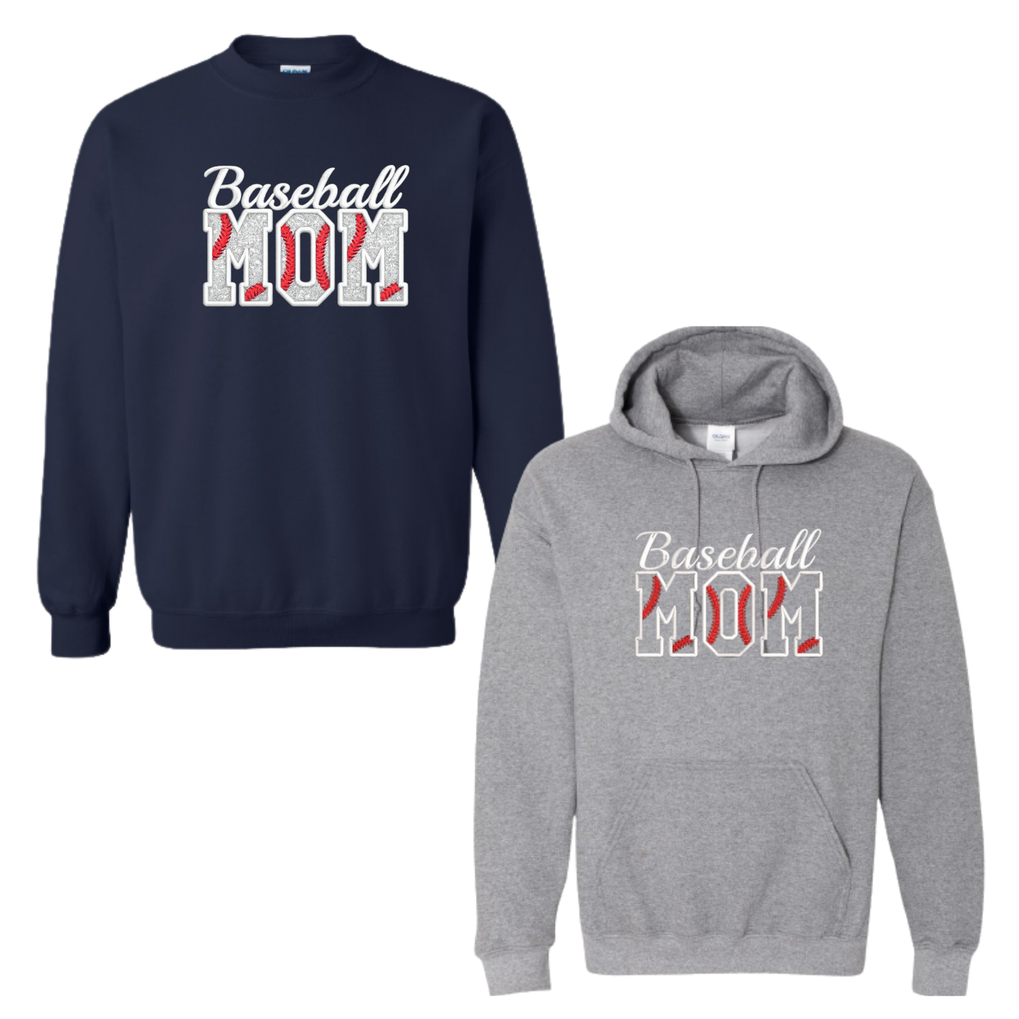 Baseball Mom Sweatshirt – “Baseball MOM” Front Design (Glitter Option, Name on Sleeve – Optional)